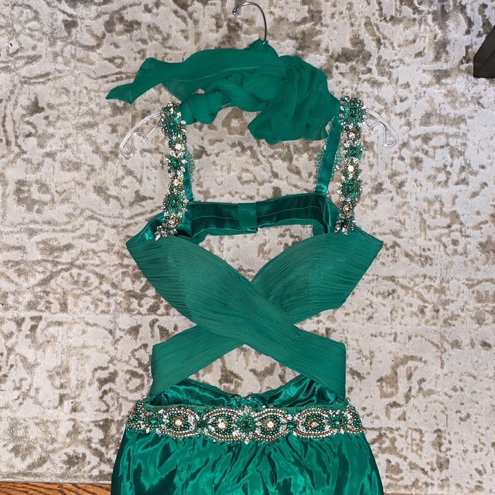 Green Cross Top Mermaid Gown with Rhinestone Straps & Waist Band